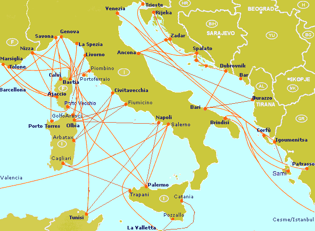 Ferry map with Split (Spalato) connections