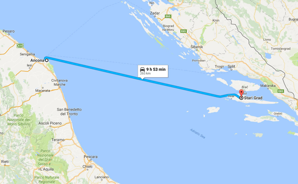 Ancona to Stari Grad ferry route