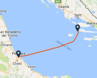 Pescara to Hvar Ferry Route map