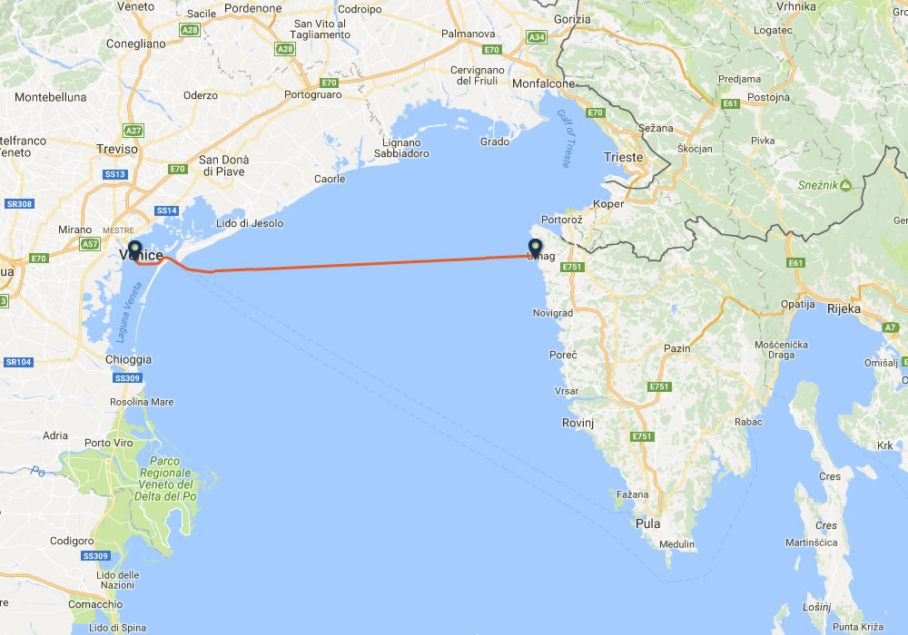 Venice to Umag ferry route map