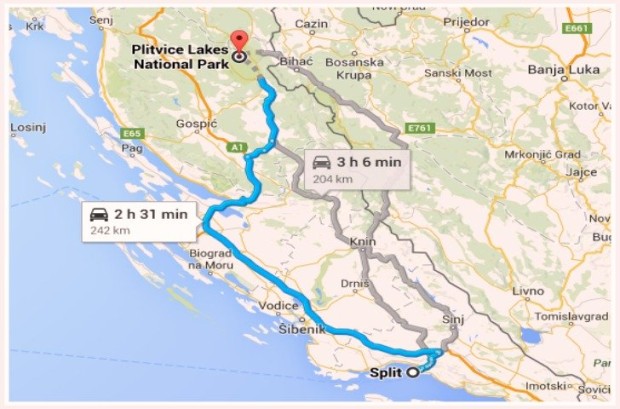 Split to Plitvice Lakes Map